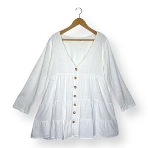Girl and the Sun Tiered Mini Dress Size XL White Gauze Button Front V Neck